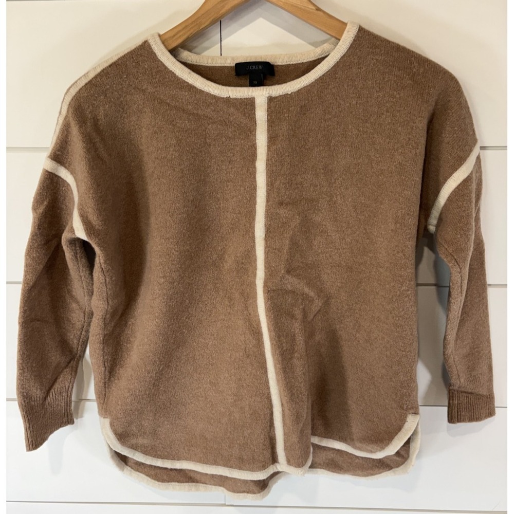 J.Crew Women's Brown with White Trim Crewneck Cotton Wool Sweater Size XS